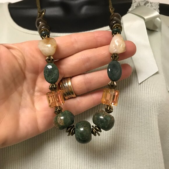 Gemstone Necklace Bohemian Necklace Agate Stone Wood Crystal Necklace Handmade - Picture 10 of 11